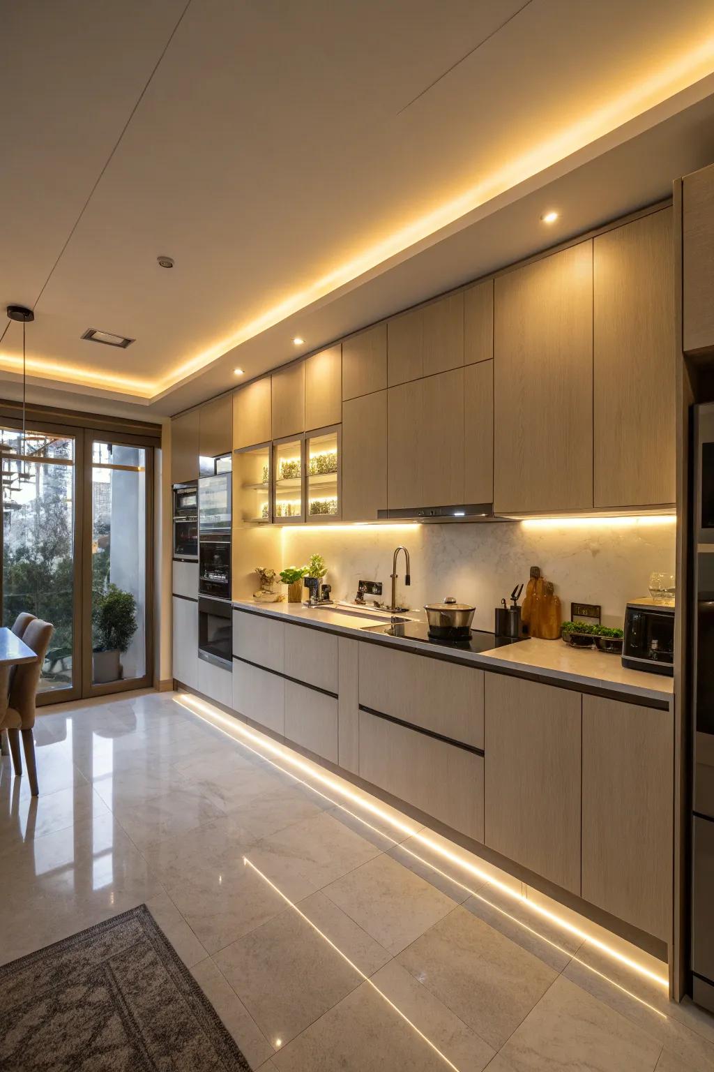 Backlit cabinets add ambiance and highlight design features in luxury kitchens.