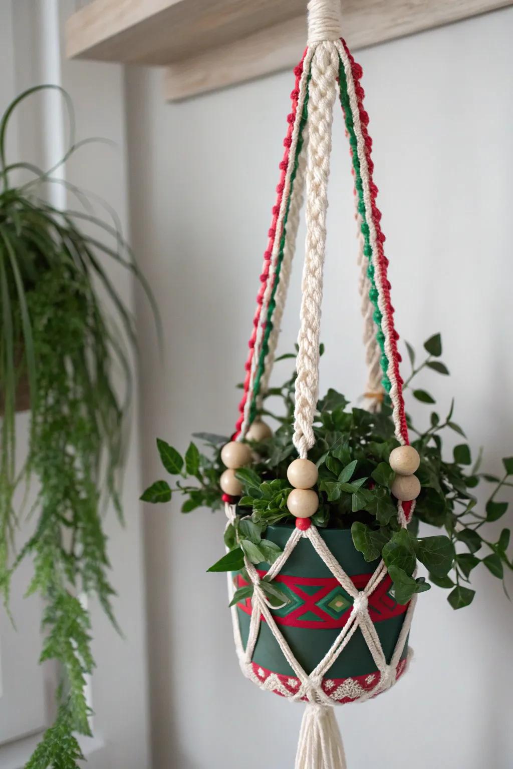Bring festive charm to your decor with this elegant macrame plant hanger, perfect for a cozy holiday vibe.