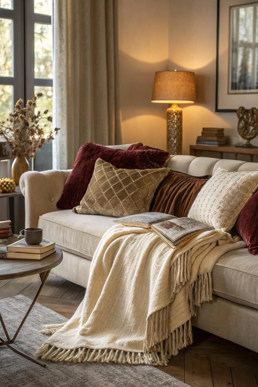 Textured fabrics introduce elegance and comfort to this cozy living room.