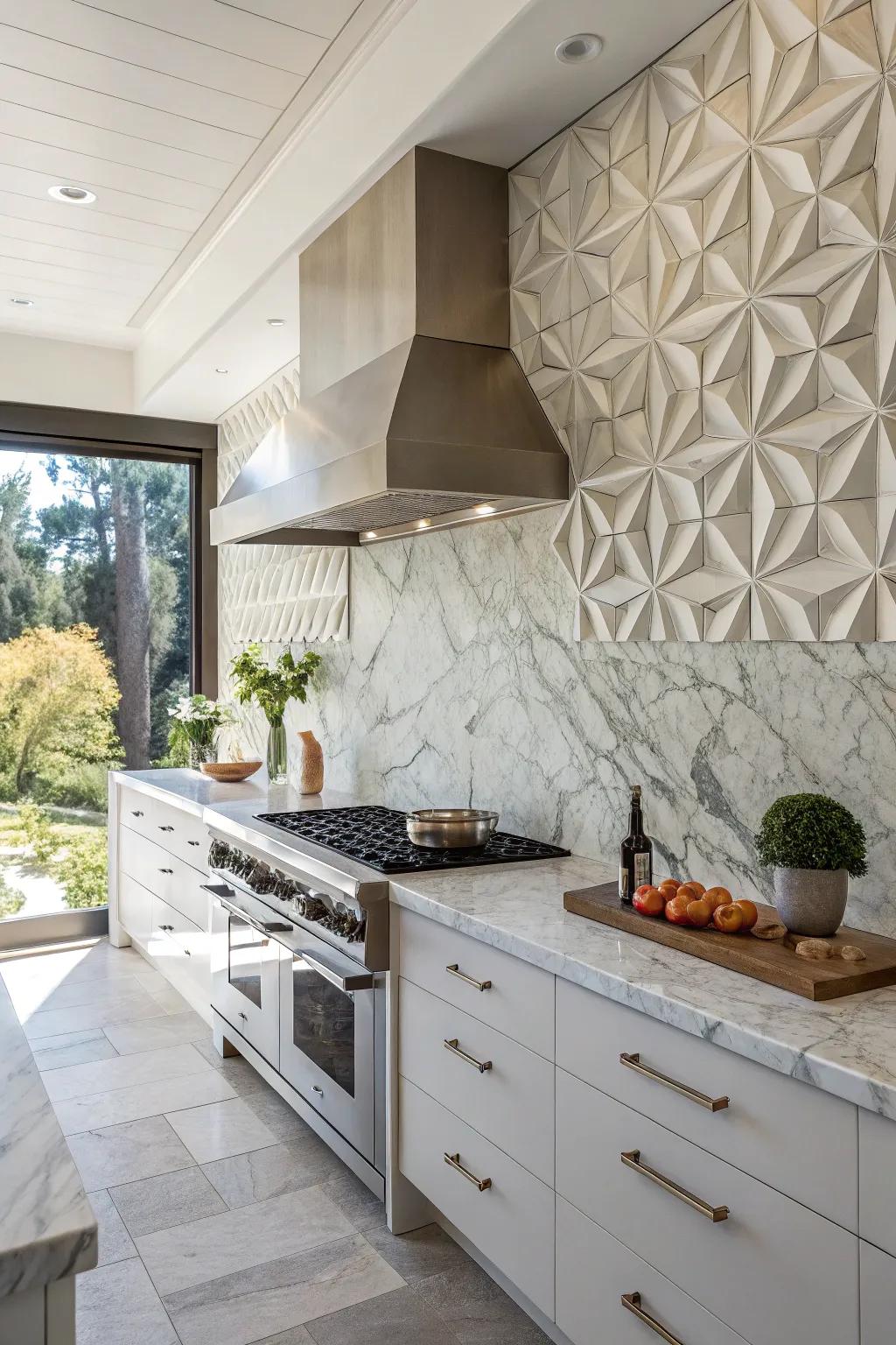 A gallery-like kitchen with a carved stone panel backsplash.