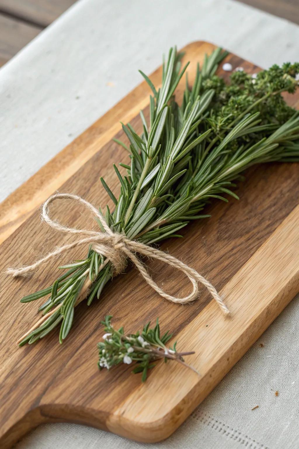Herbaceous boutonnieres bring a crisp and scented touch.
