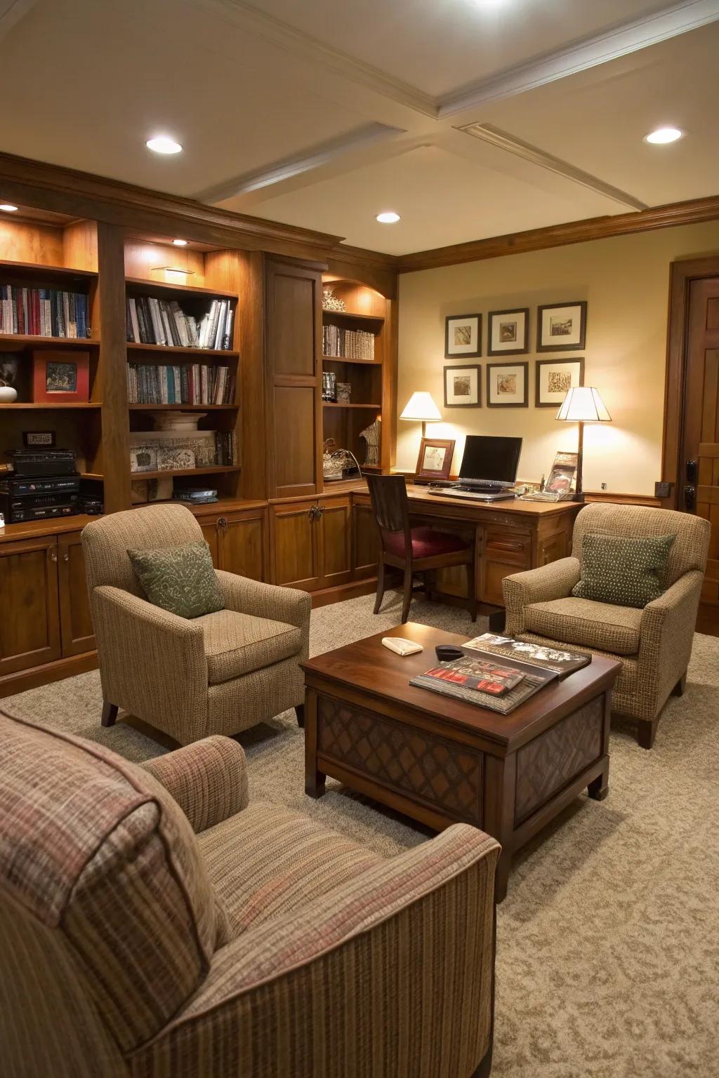 A seating area makes the workspace more inviting and versatile.