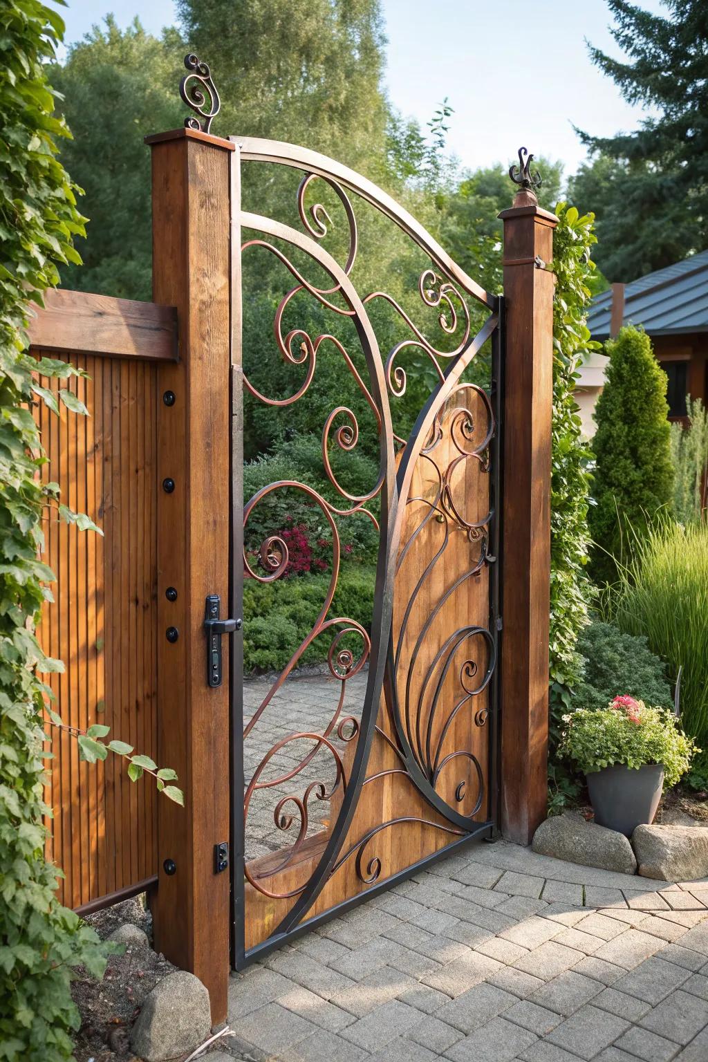 Step into a world of whimsy with this artistic metal and wood gate, where craftsmanship meets playful elegance.
