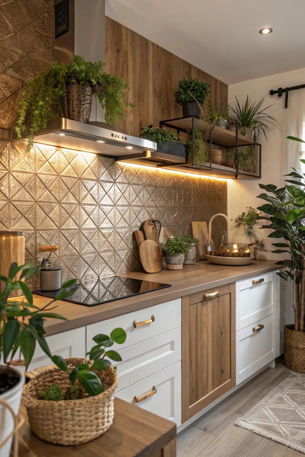 A kitchen featuring a bronze tile backsplash for a warm, earthy tone.