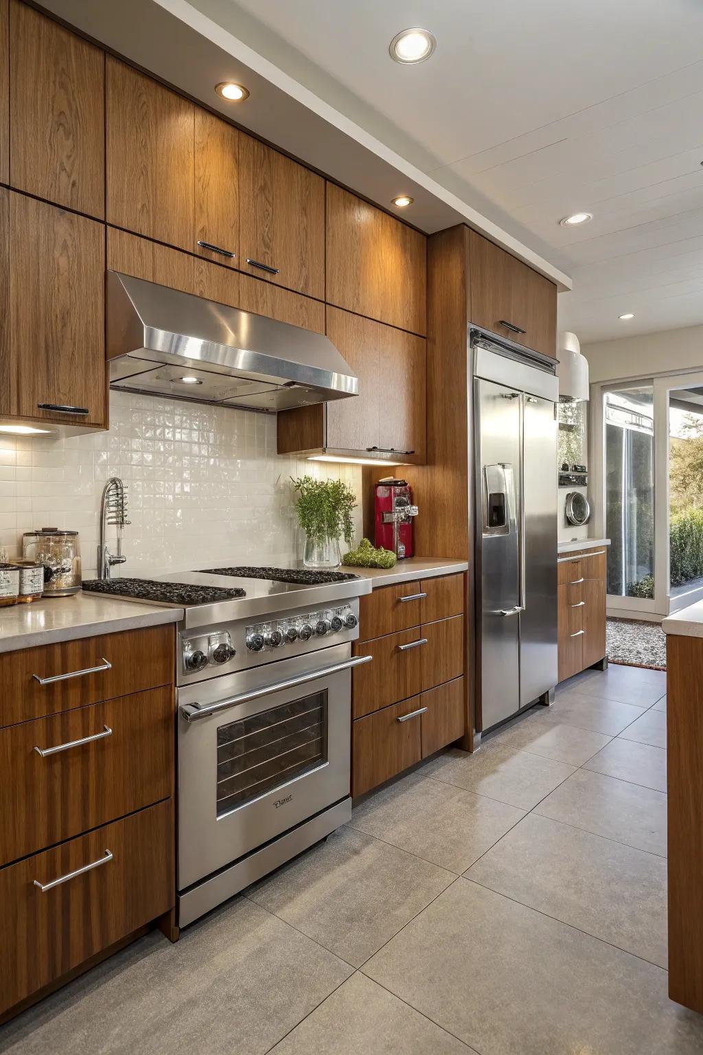 Stainless steel accents add a modern touch to this mid-century kitchen.
