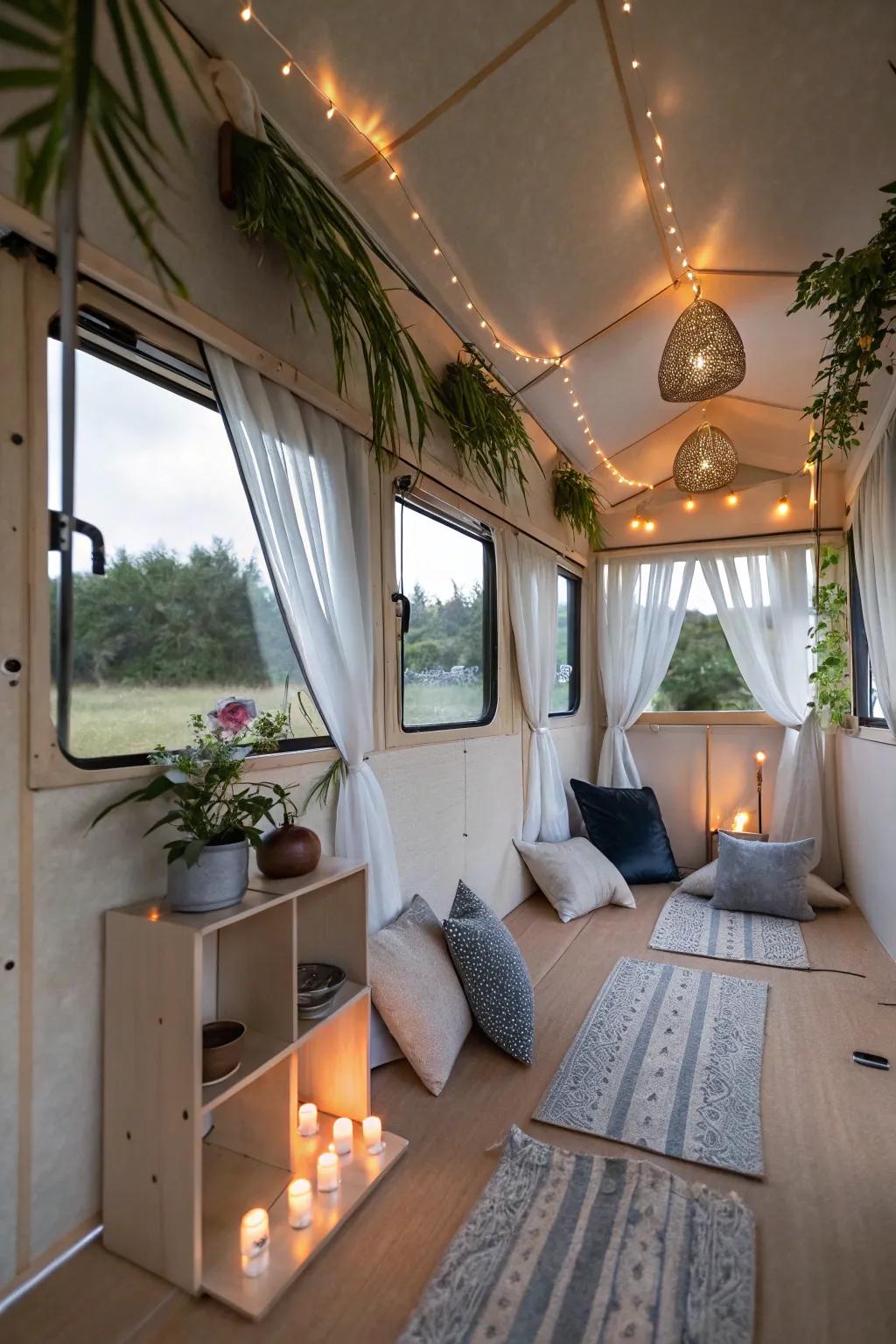 A tranquil mindfulness spot featuring cushions and comforting aesthetic, perfect for moments of mindfulness.