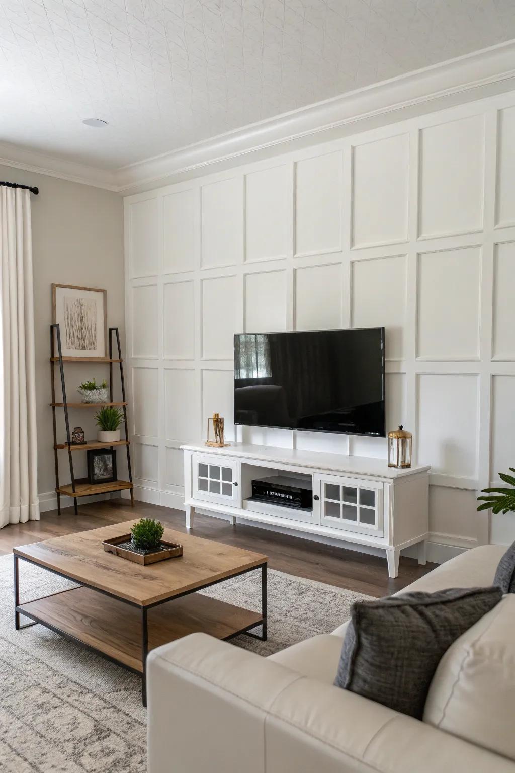 A minimalist white wall creates a clean and timeless backdrop.