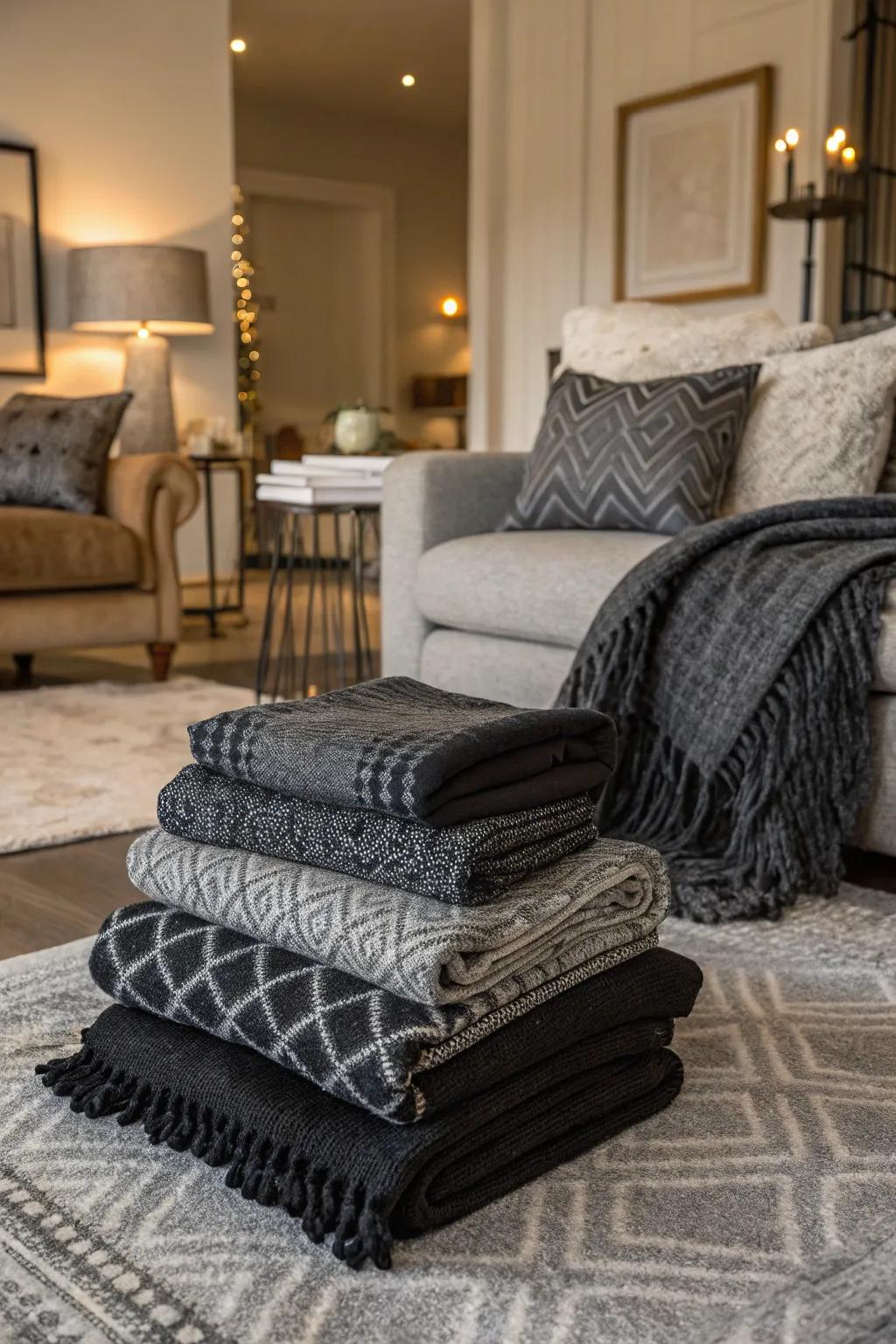 Layered textiles in black and grey add depth and coziness.