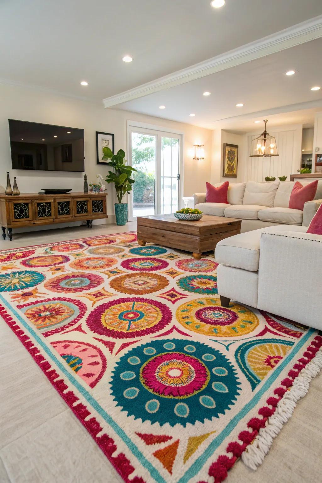 A statement rug that anchors and defines the space in a modern family room.