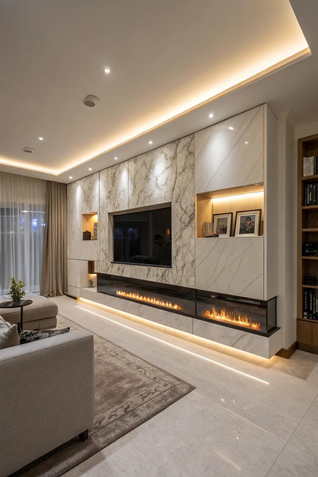 A uniform media wall blends the TV and fireplace for a unified aesthetic.