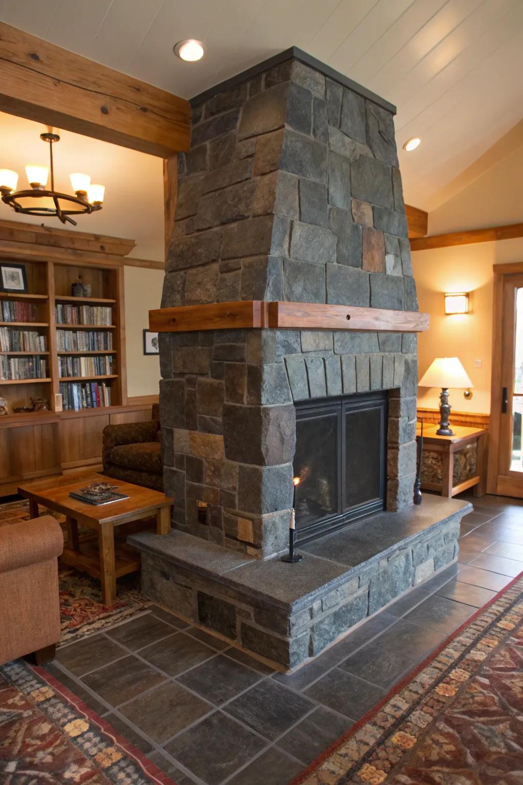Artificial stone tile fireplace radiating rustic charm.