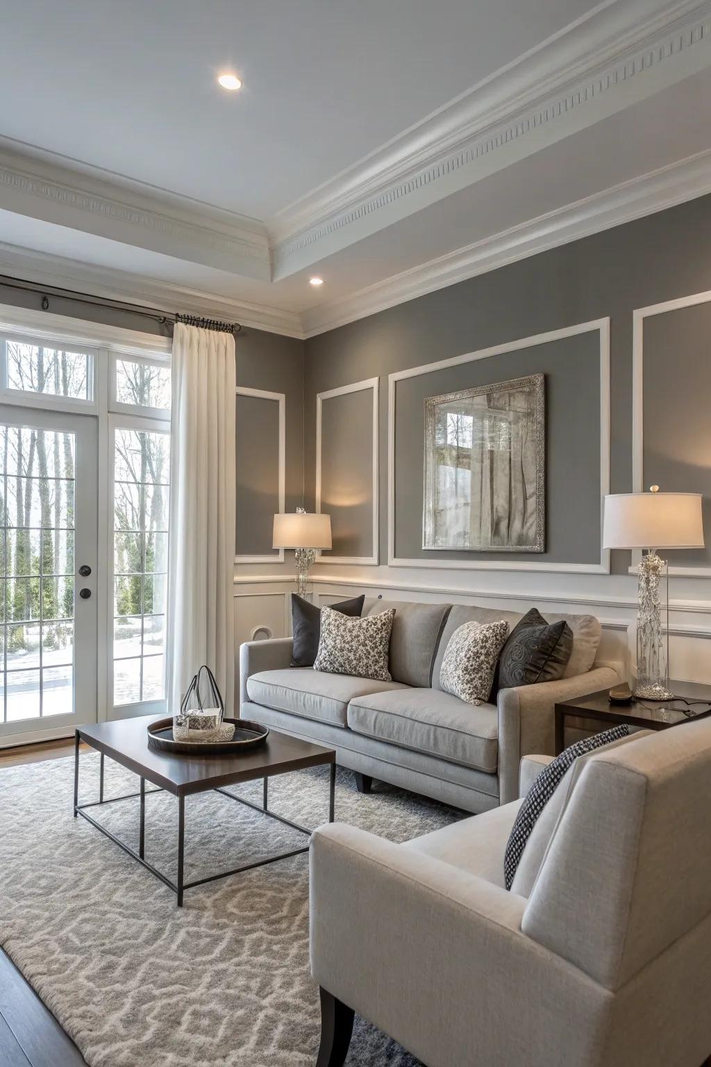 Gray and white create a timeless and elegant living room.