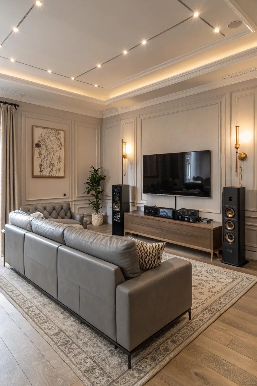 Smart tech seamlessly integrated into a stylish modern family room.