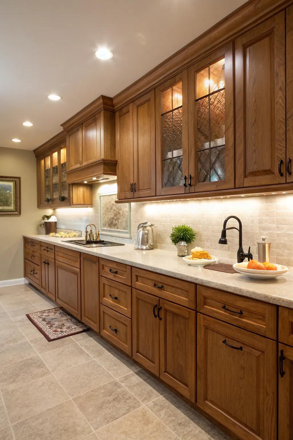 Under-cabinet lighting highlights the beauty of hickory.