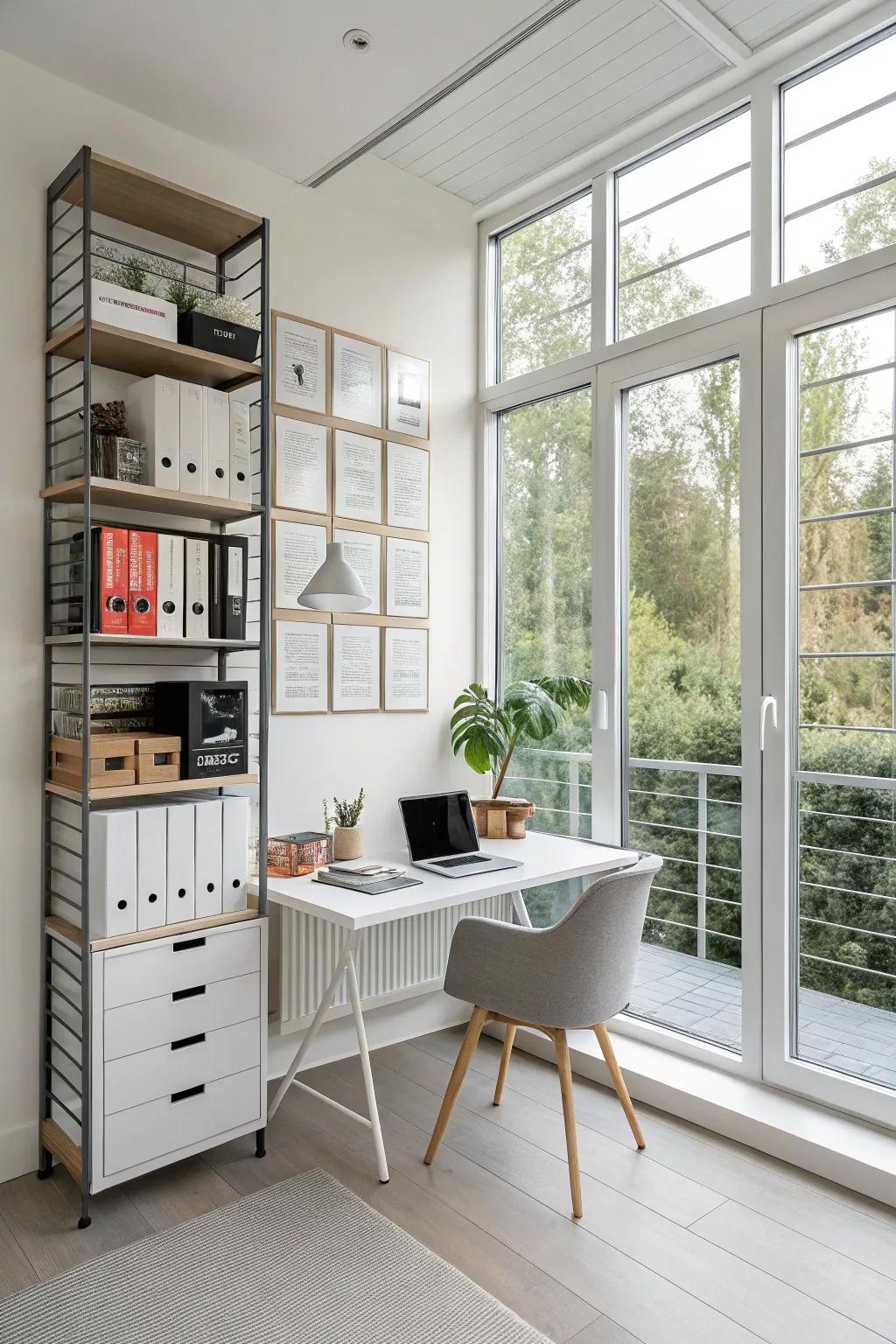 Wall storage maximizing space in a home office.