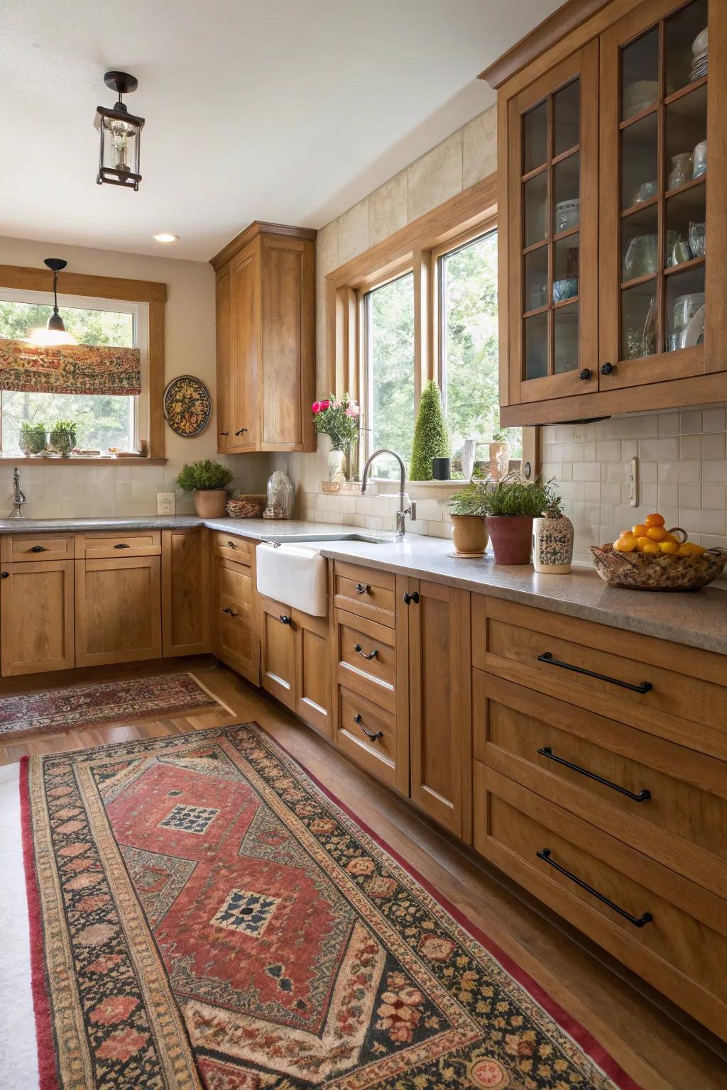 An eye-catching rug provides warmth and charm to kitchens with paneled-oak cabinets.