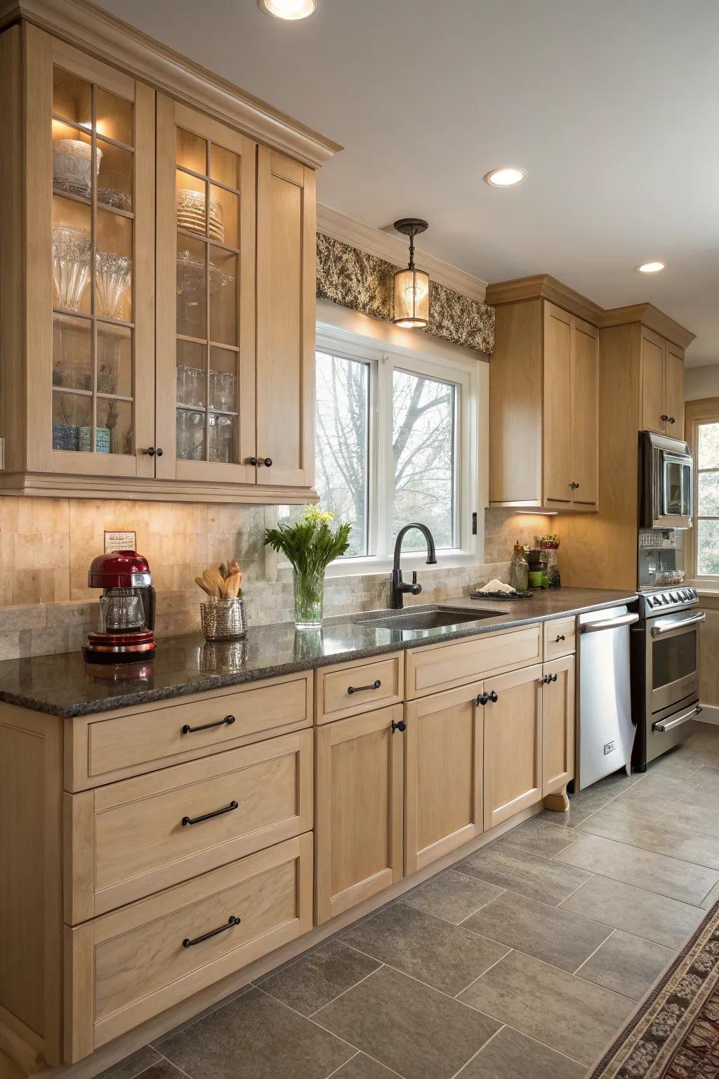 A blend of traditional and modern styles creates a unique kitchen ambiance.