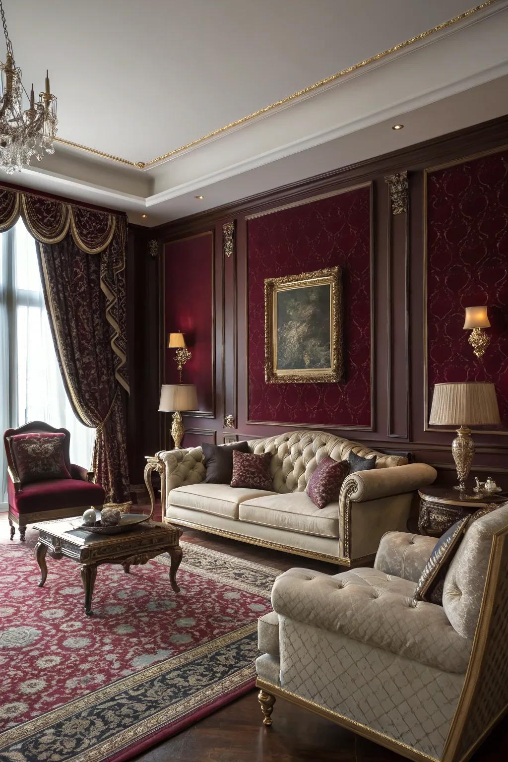 Wine Shade walls introduce a dramatic and sophisticated flair to this living space.