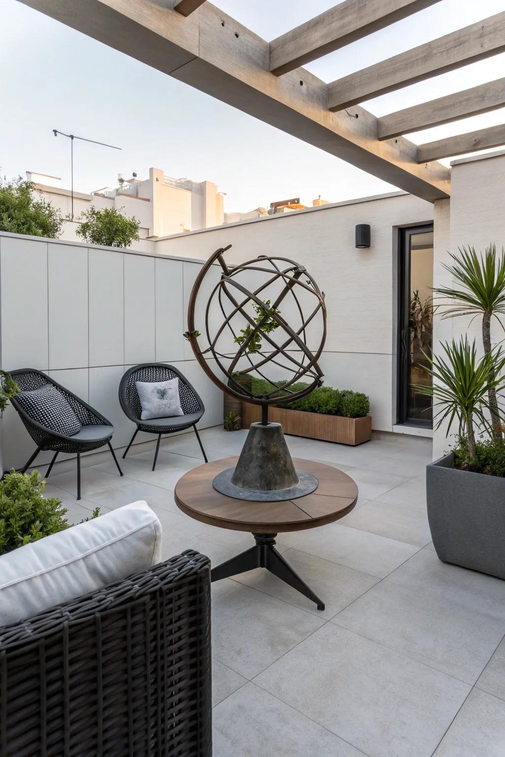 Art installations add a personal and artistic touch to patio spaces.