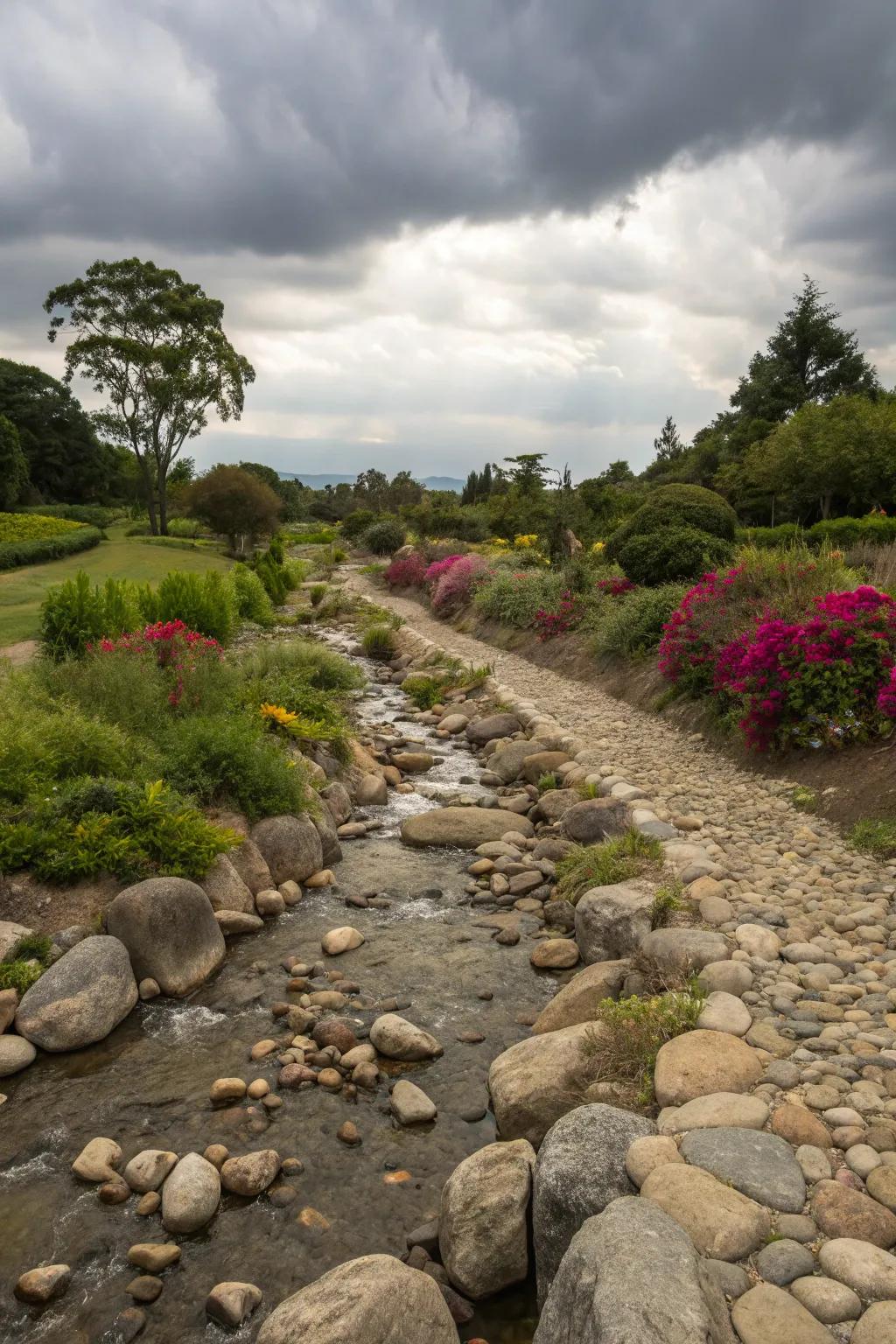 A dry streambed appends a flowing, natural element to your garden.
