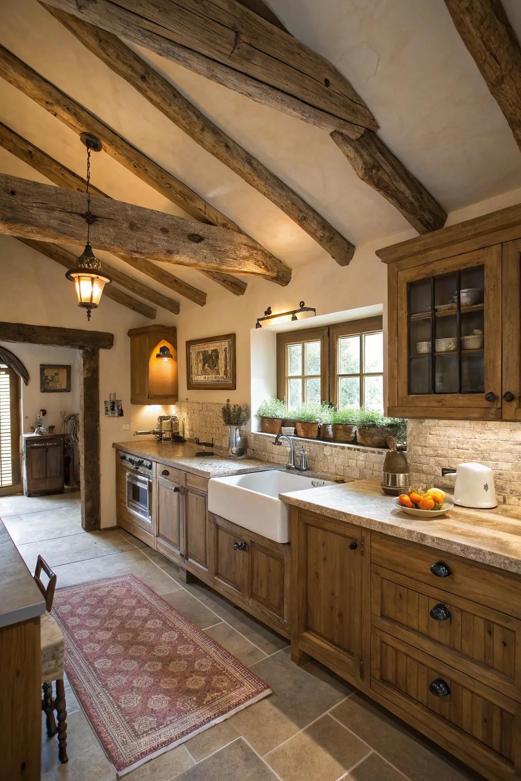 Exposed beams enhance the architectural interest of this kitchen.