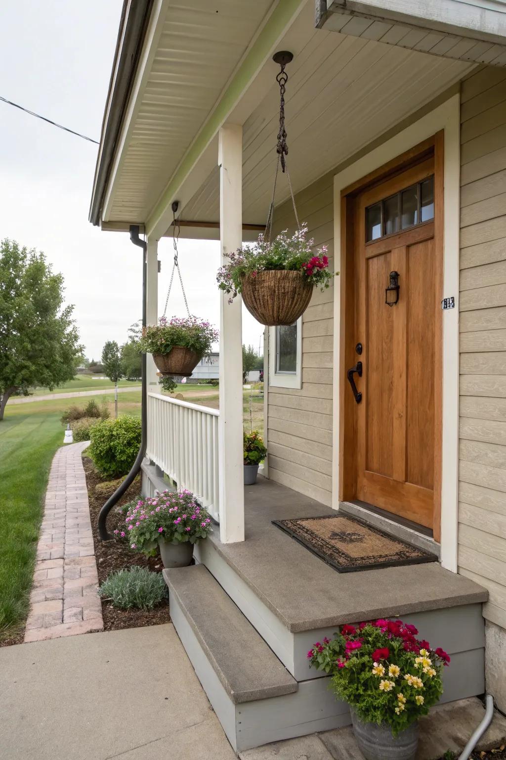 A small front porch with lush hanging planters for a green touch.