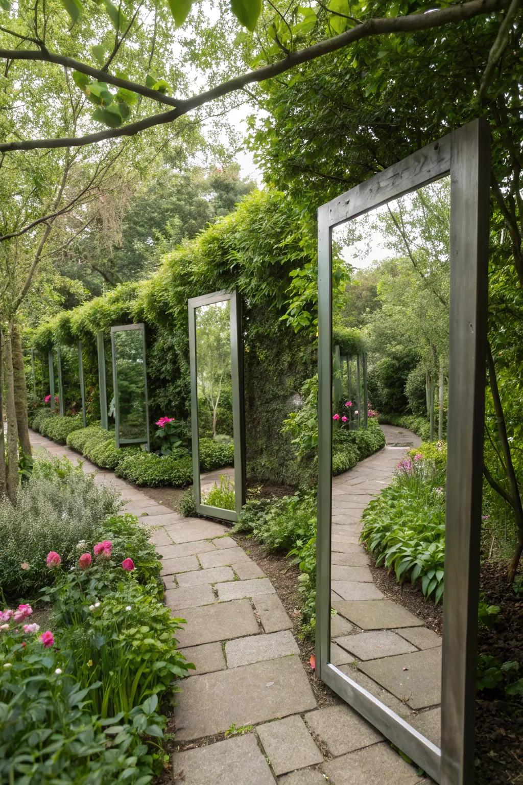 Mirrors creatively enlarging the perception of a small garden.