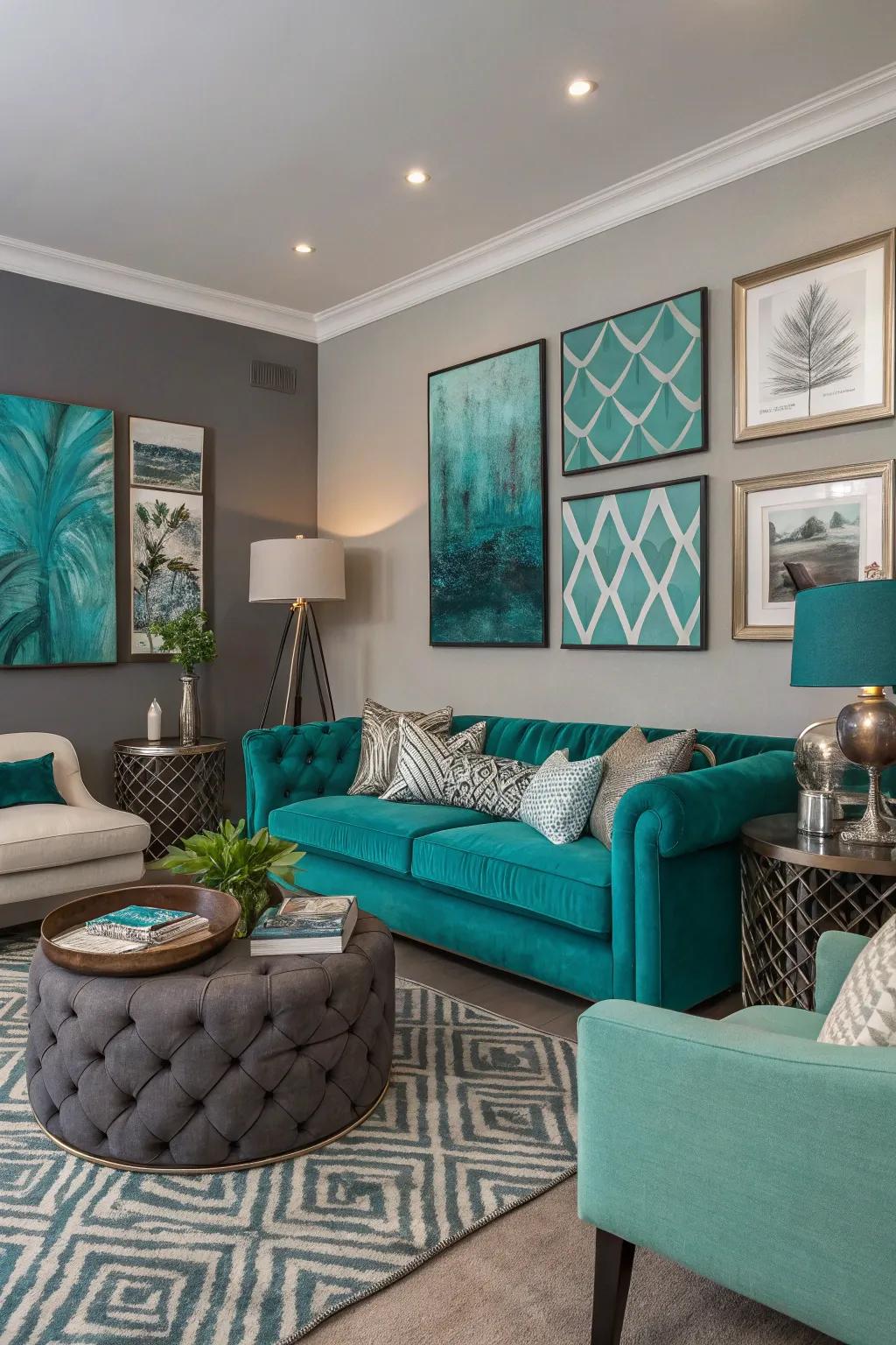 Artistic elements in teal and grey add personality to the living room.