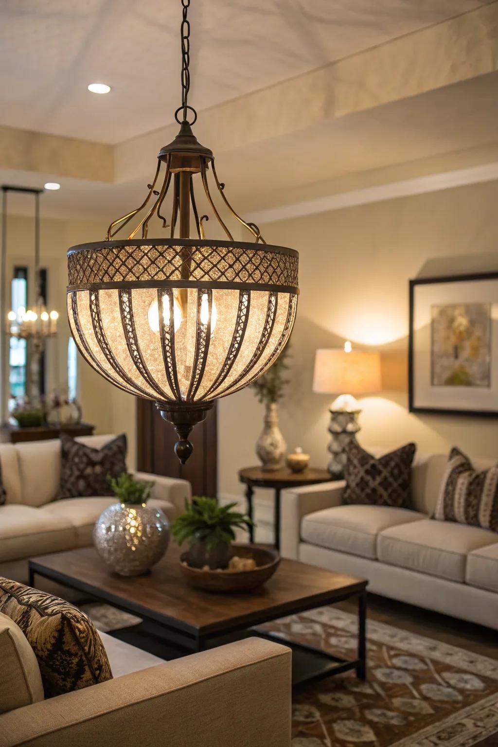 A bold light fixture serves as a focal point that attracts the eye.