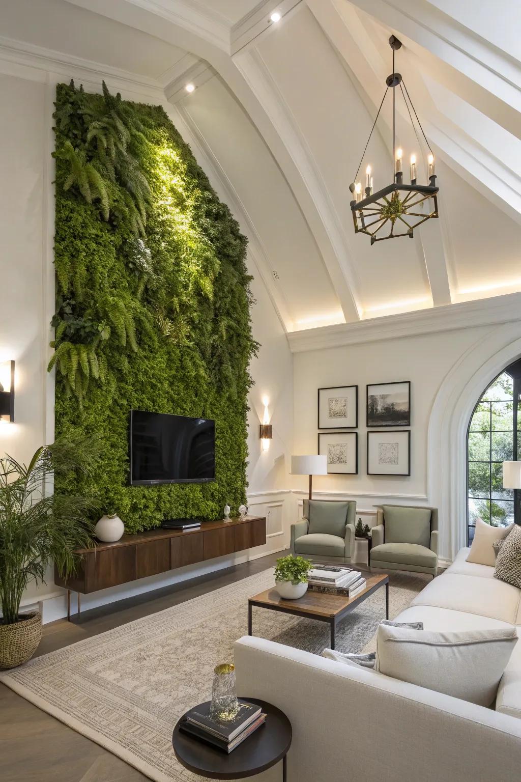 An upright garden creatively utilizes space, contributing freshness to this living room.