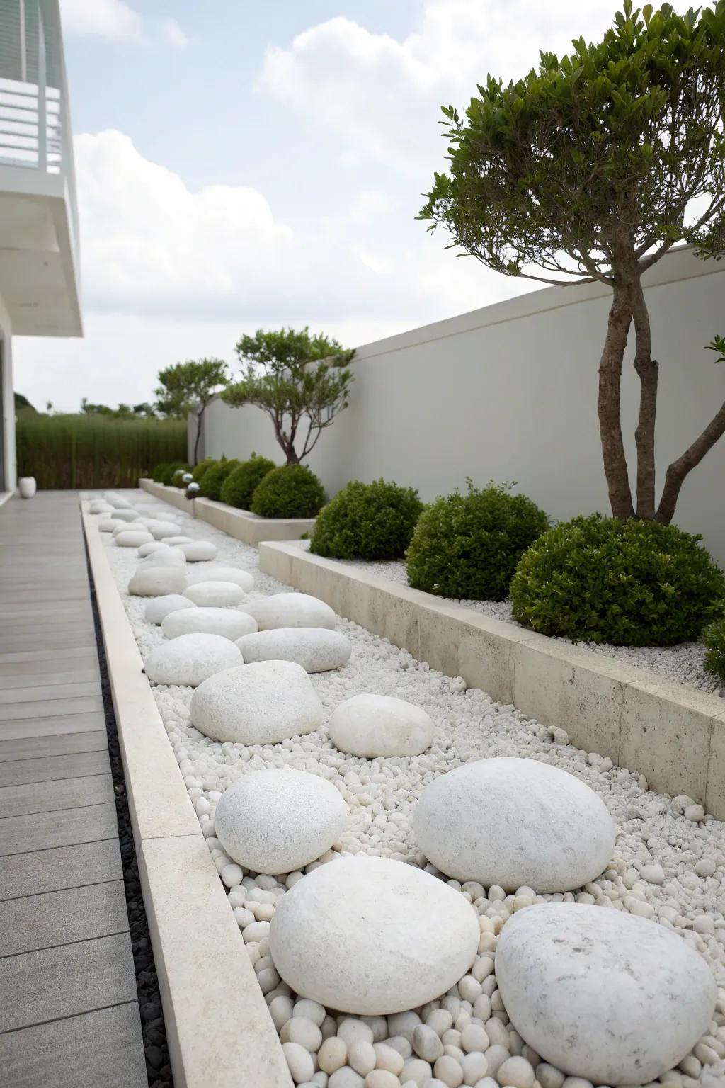 A simple garden layout showcasing alabaster stones, birthing a serene and uncluttered area.