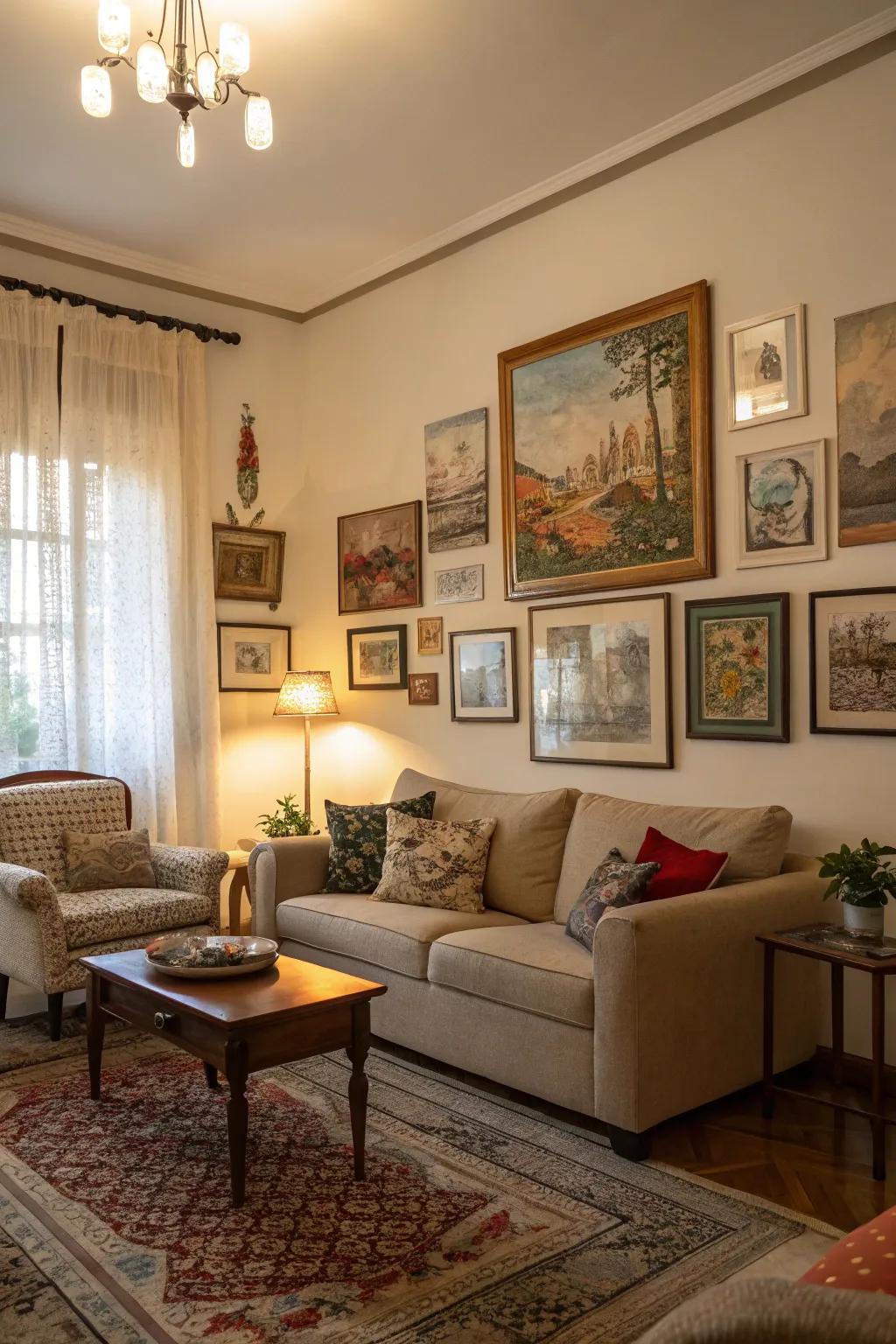 Layered art adding depth to a dimly lit living room.