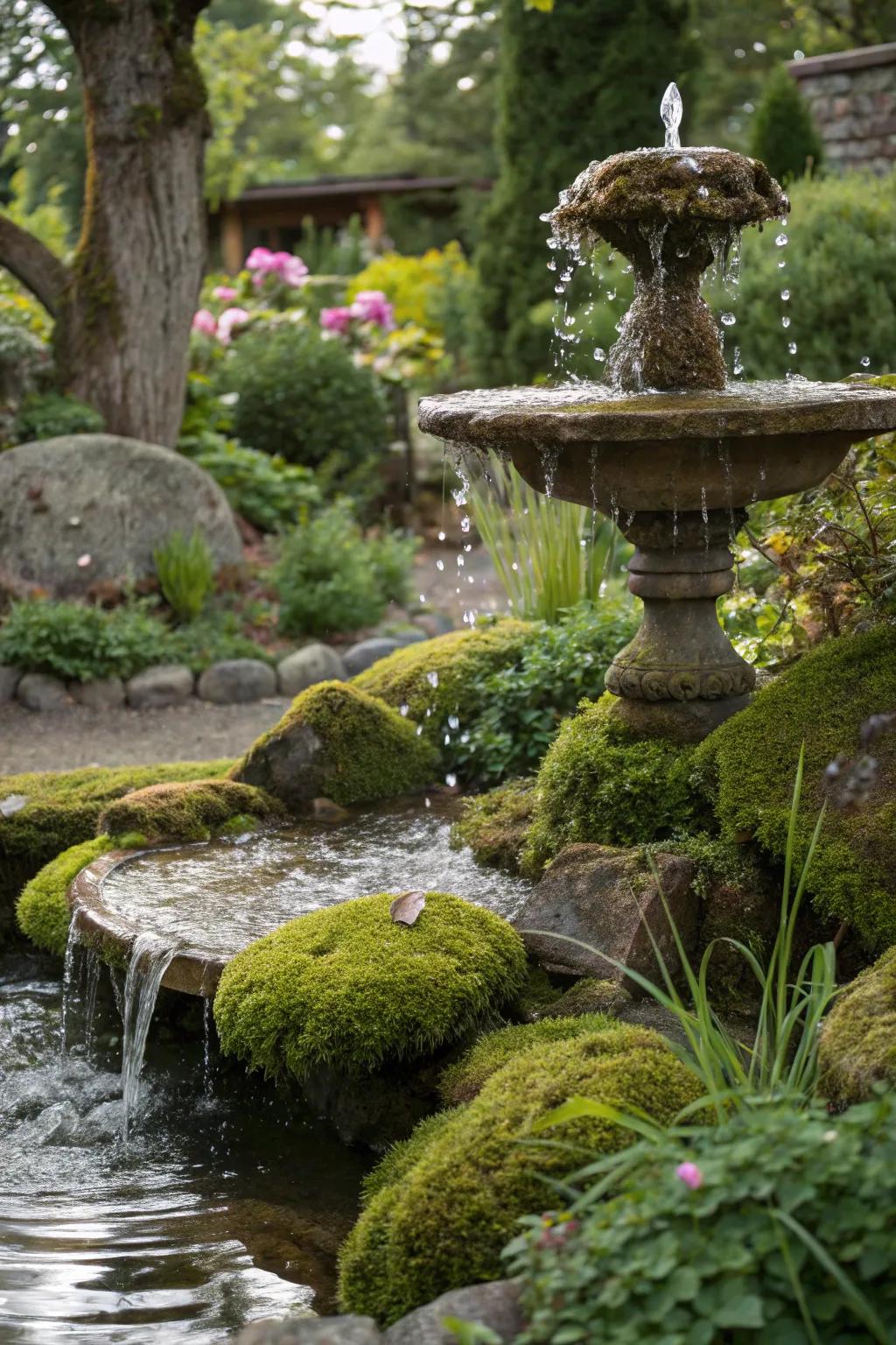 A tranquil wellspring featuring water cascading across moss stones.