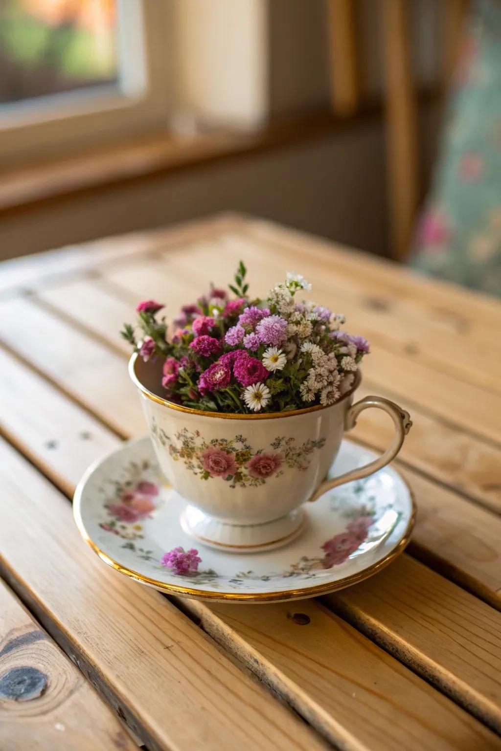 A retro tea mug converted into a quaint flower container.