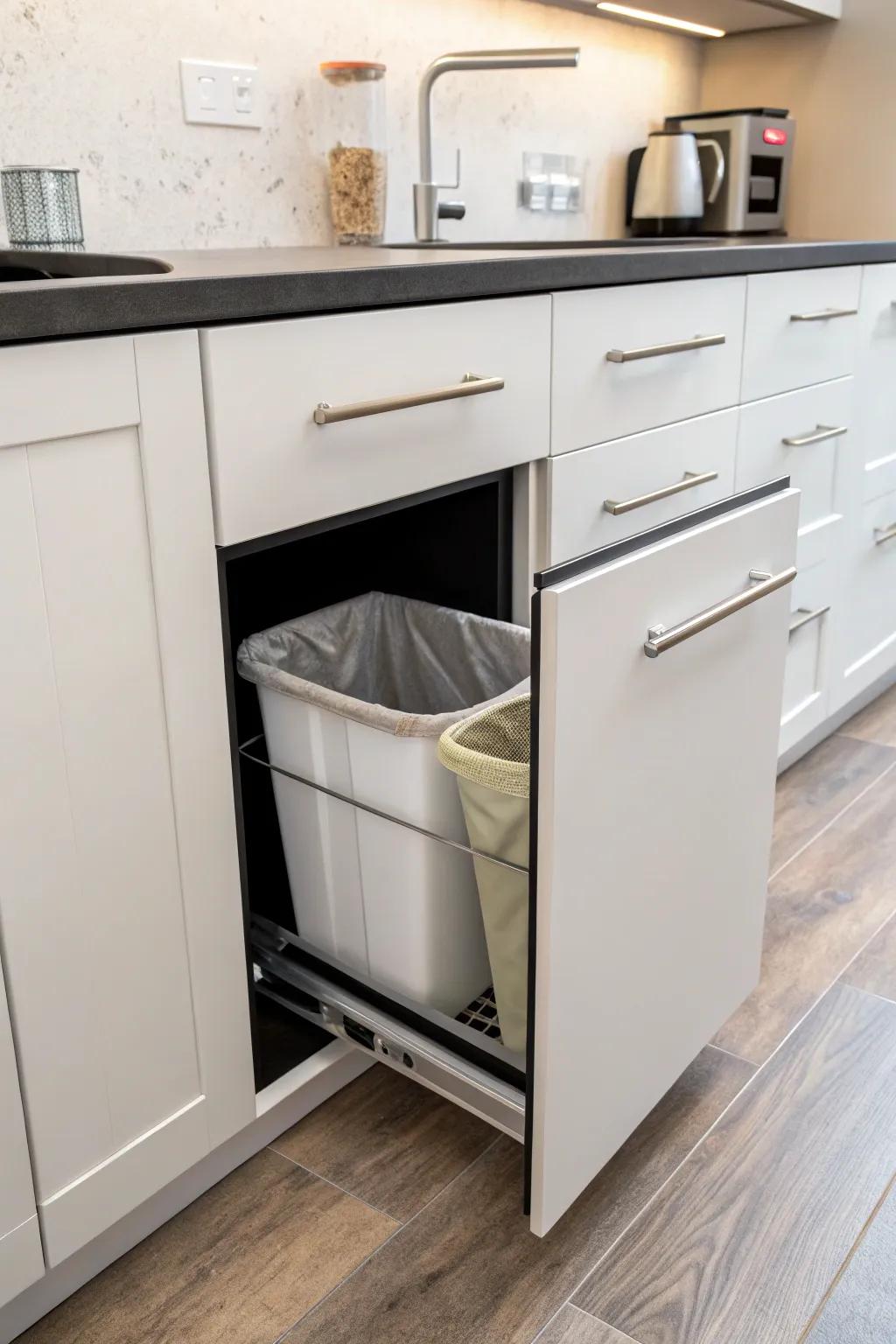 A slender cabinet concealing a waste bin to foster a tidy kitchen environment.