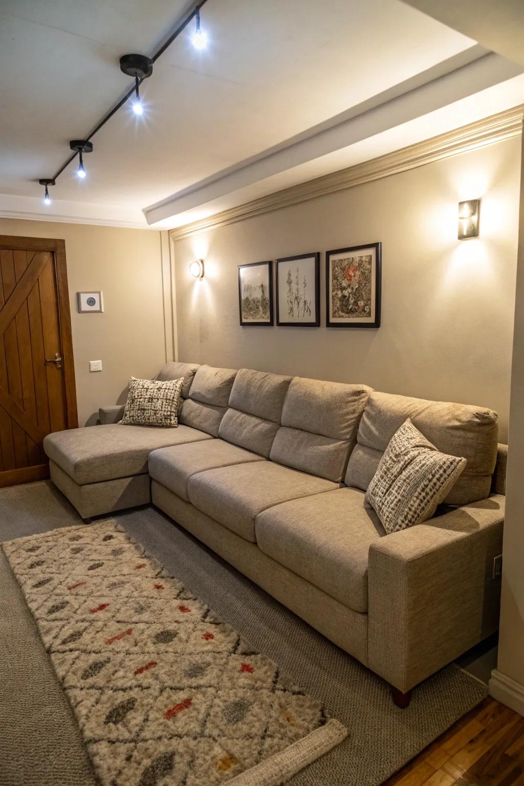 A couch that has sections and can be changed offers options in a small living room.