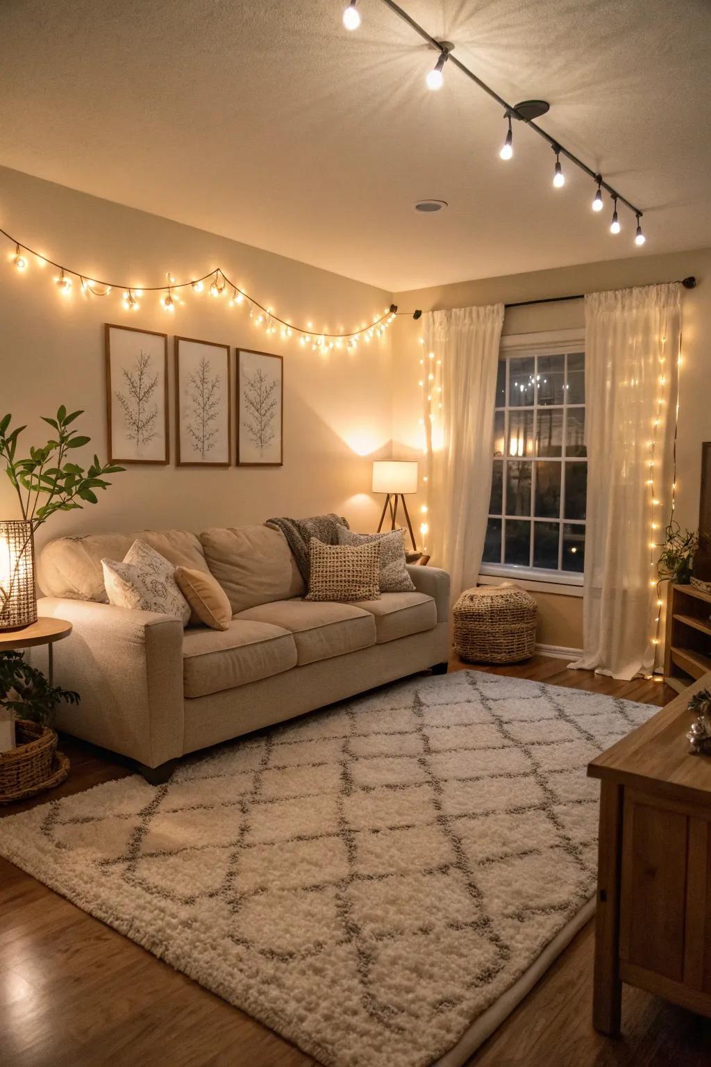 Layered lighting enhances the warmth and ambiance of a neutral living room.