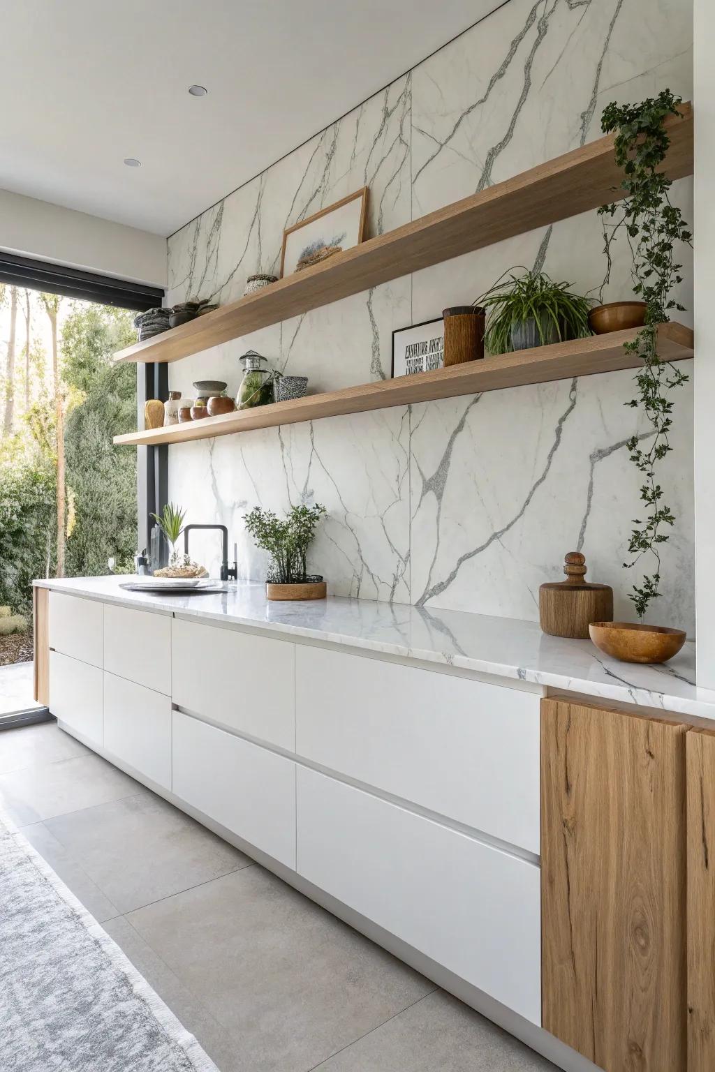 Elevate your kitchen with the elegance of a seamless stone slab backsplash. #ScandinavianSimplicity #StoneSophistication