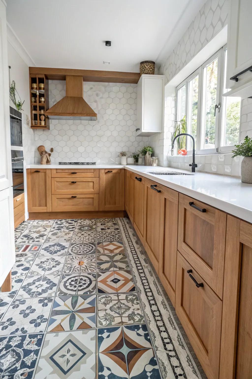 Geometric patterns add a modern twist to this kitchen.
