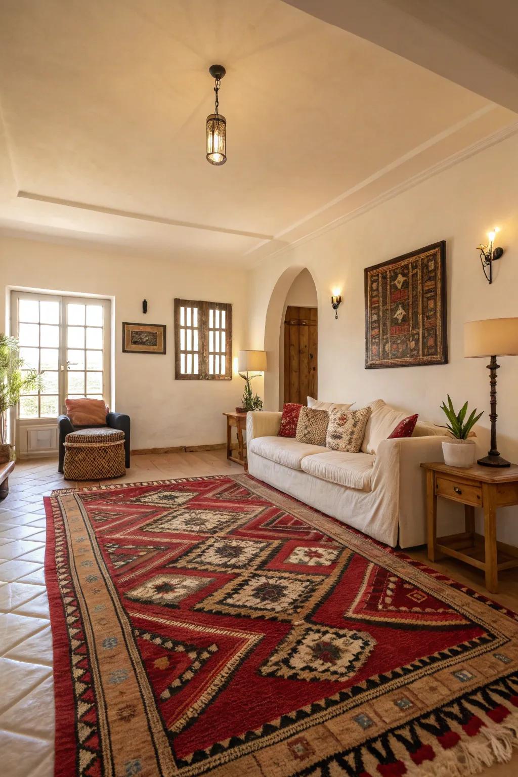 Bold designs add unexpected style to an ivory room.