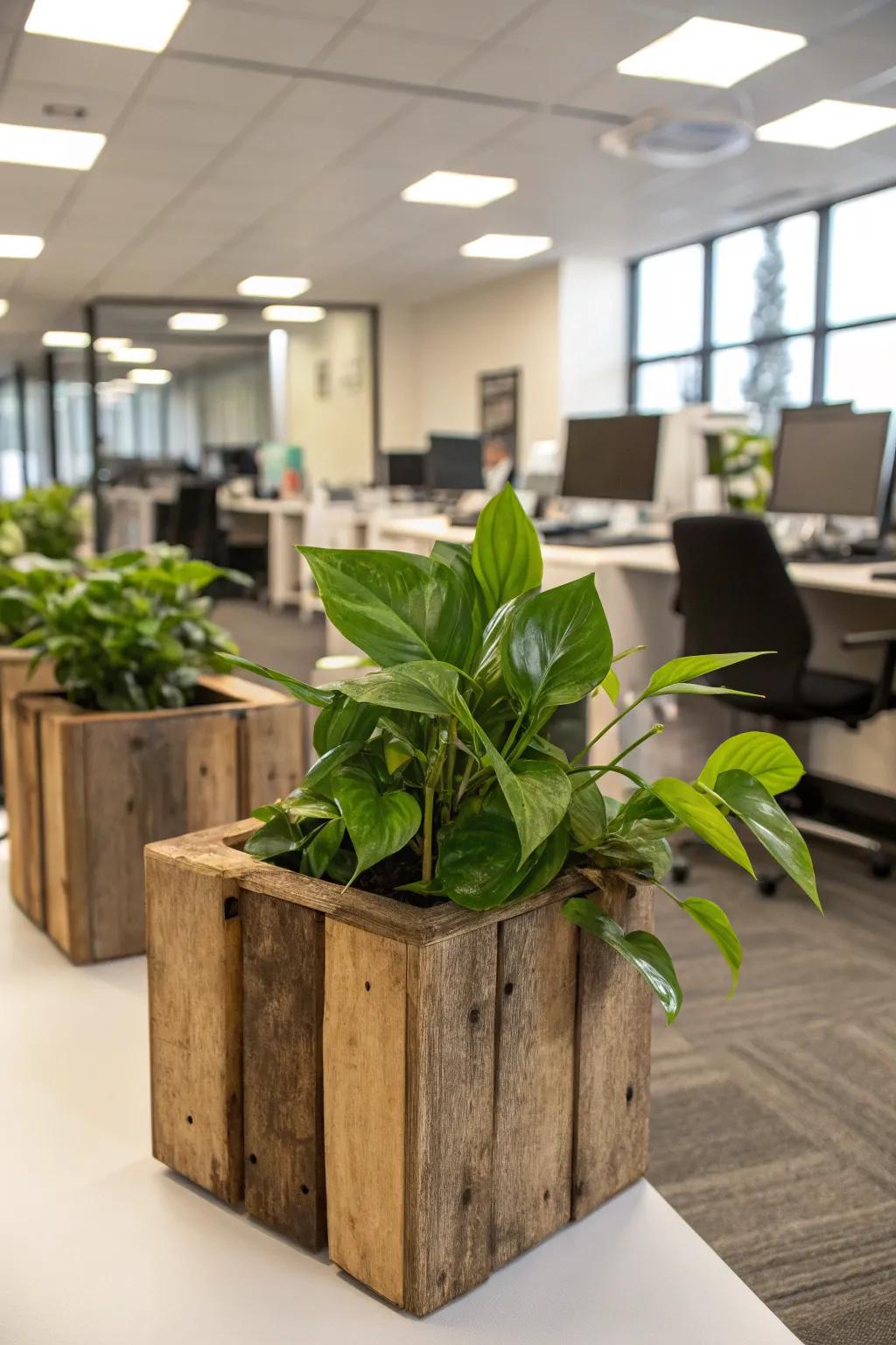 Add warmth using country timber planters.