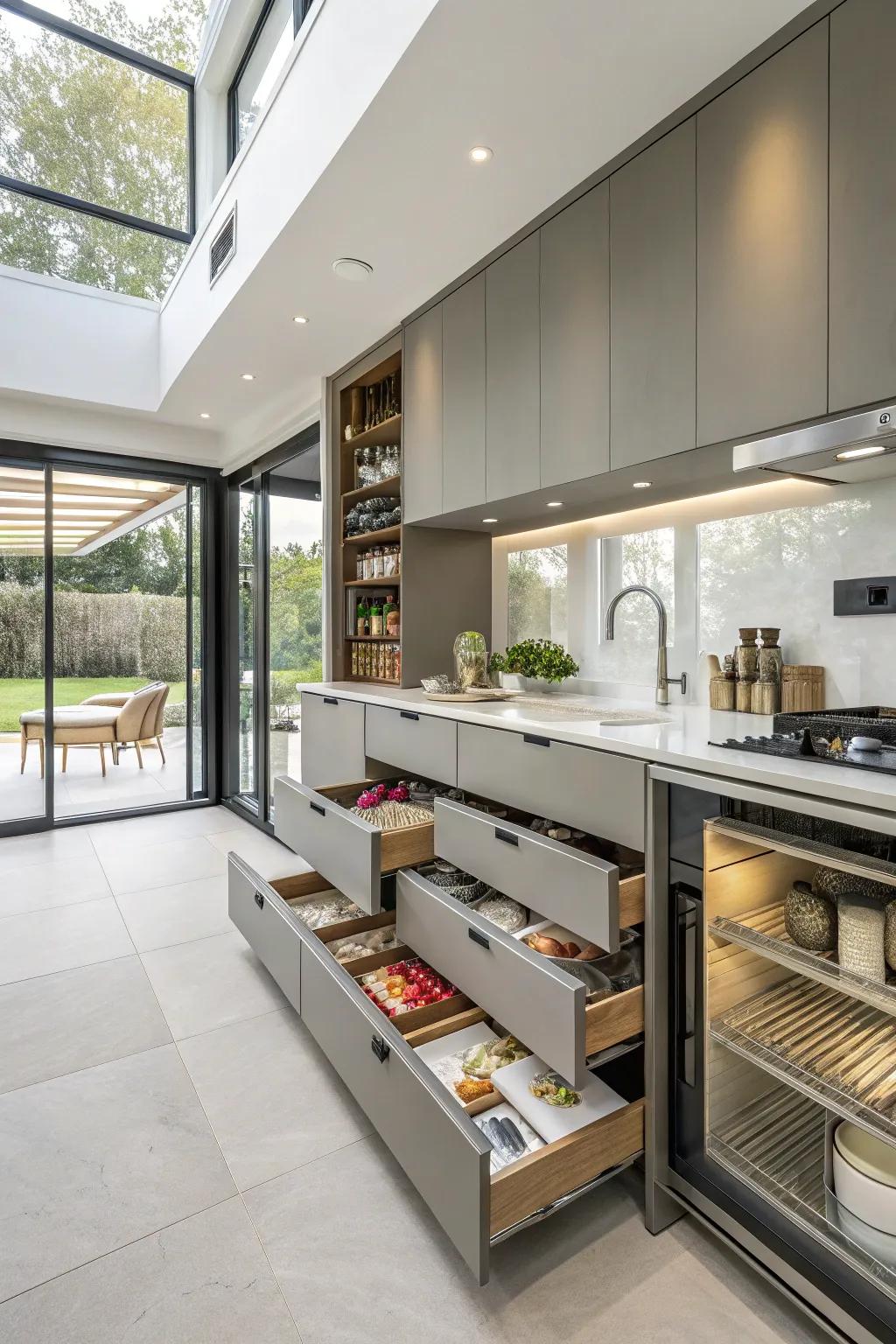 Smart storage solutions keep the kitchen organized and efficient.