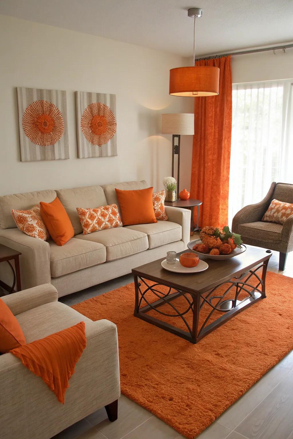 Orange accents in unforeseen areas inject a playful and unique touch.