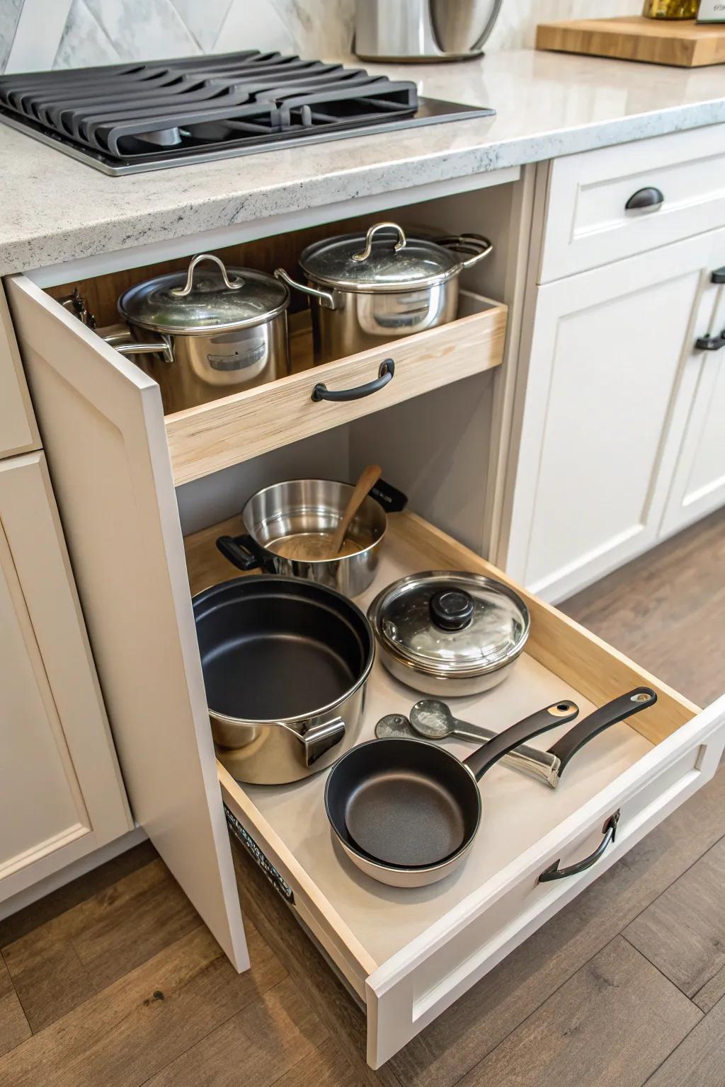 Custom built-in cabinet perfectly organizing pots and pans.