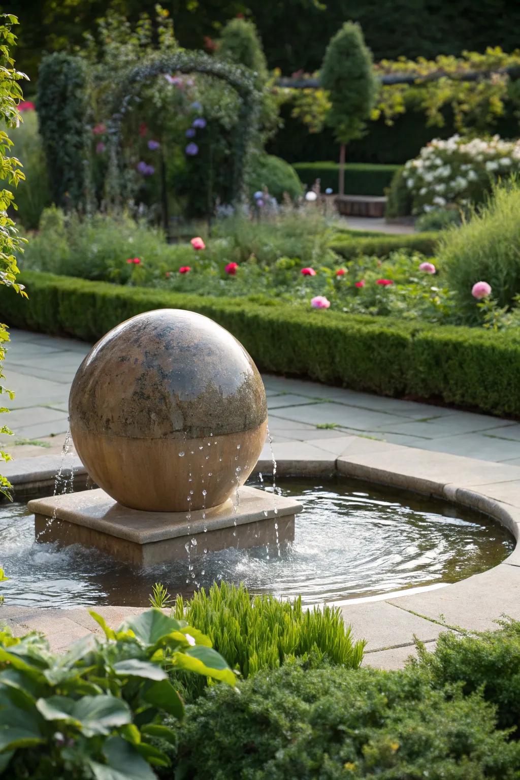 A floating sphere fountain enchanting viewers with its magic.