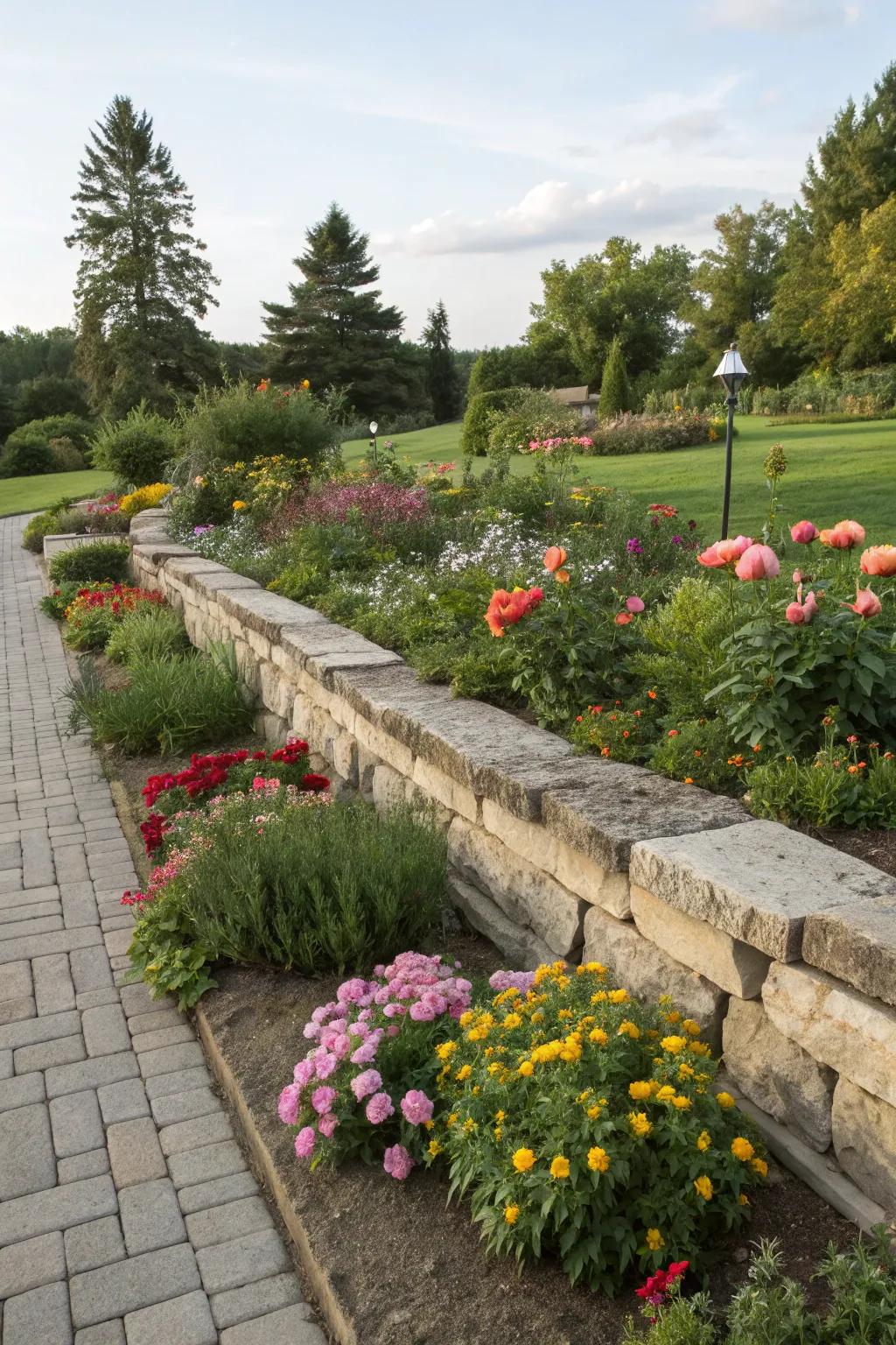 Stone edging neatly defining garden flora beds.