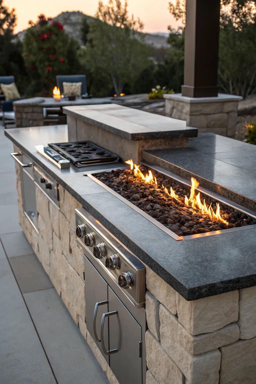 Elevate your grilling experience with a seamless fire feature integration for an unforgettable outdoor ambiance.