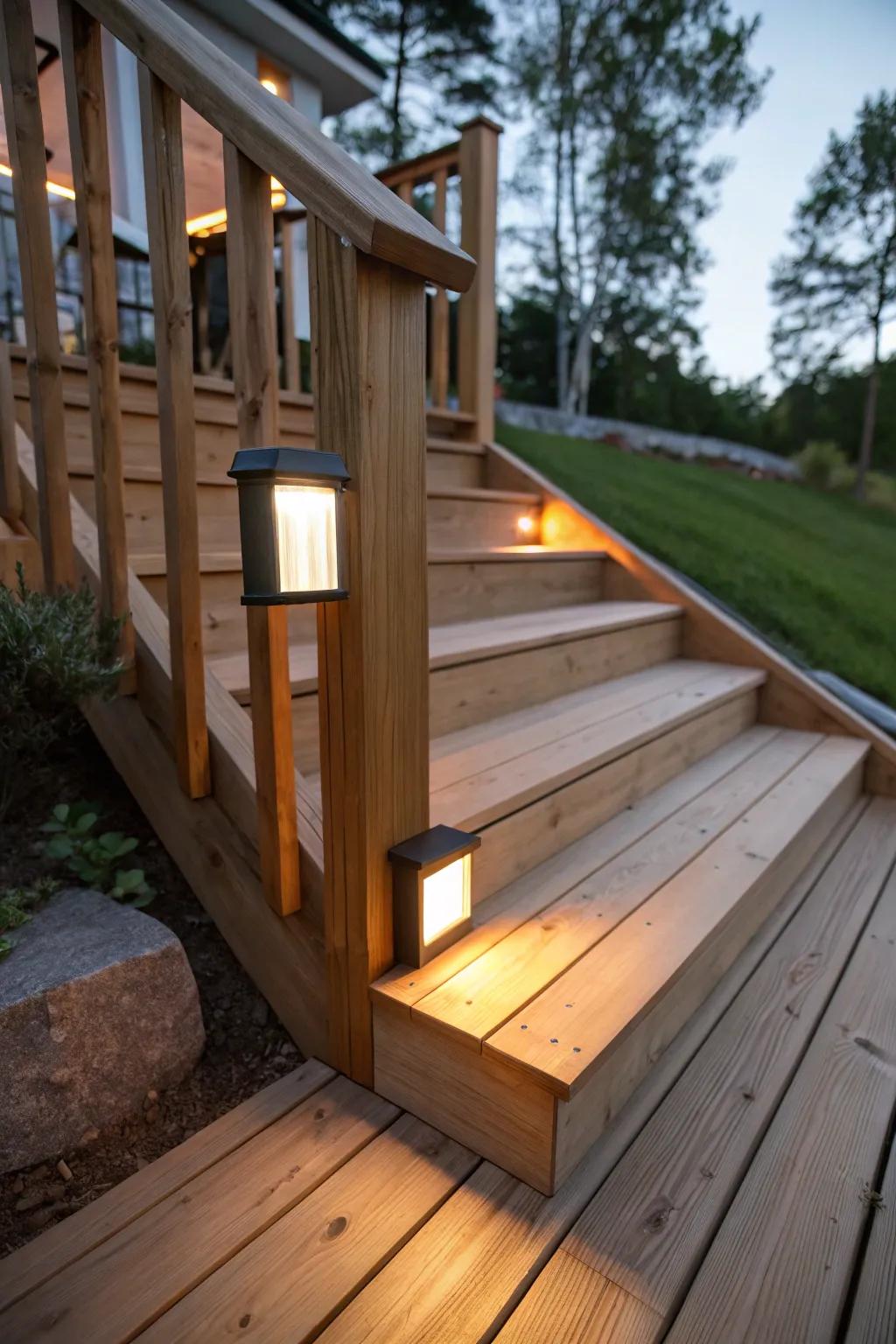 Illuminate your deck stairs with stylish solar lights for safety and elegance.