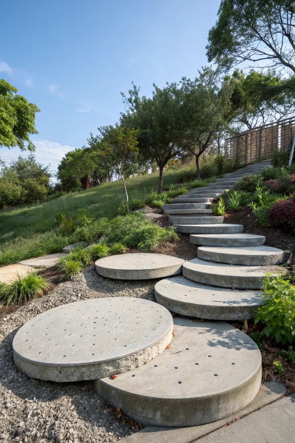 Round concrete slabs add whimsy and modernity to outdoor steps.