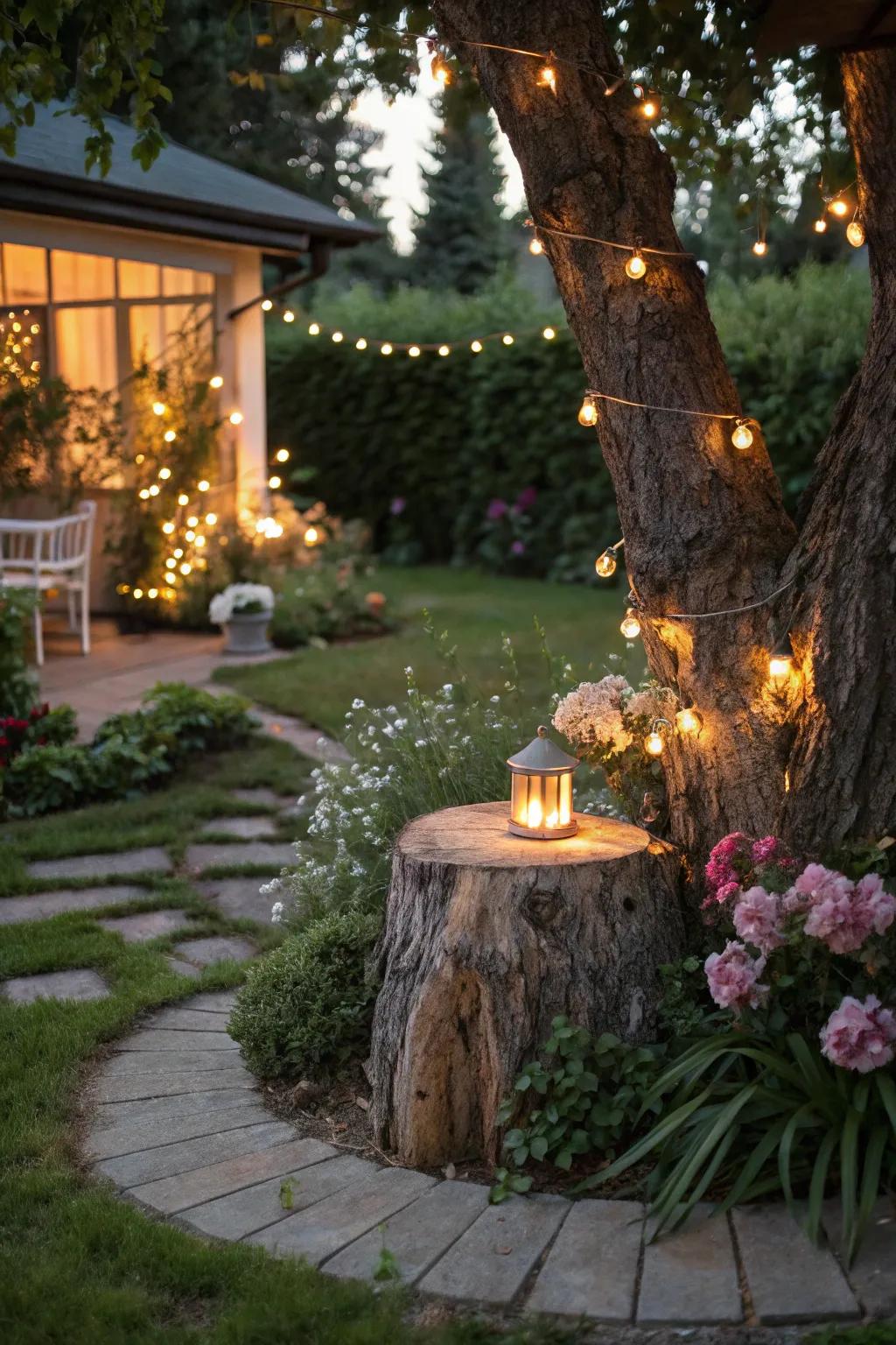 Strategic lighting around a stump enhances the garden's evening charm.